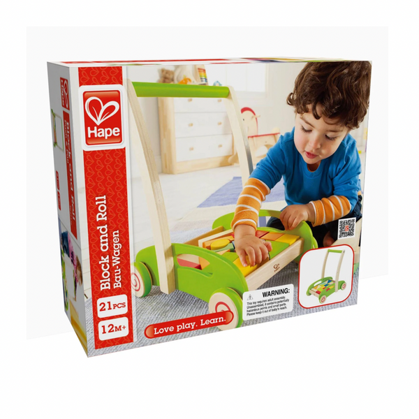 Hape Block and Roll Hape, Educational wooden toy for babies – Hape Block and Roll Cart with block storage