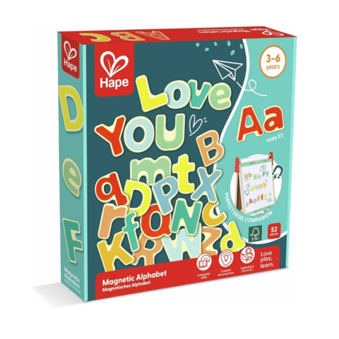Hape magnetic alphabet set packaging on a white background