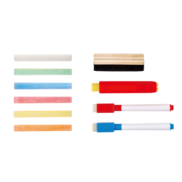 Close-up of Hape easel art supplies – chalks, markers – Kenya