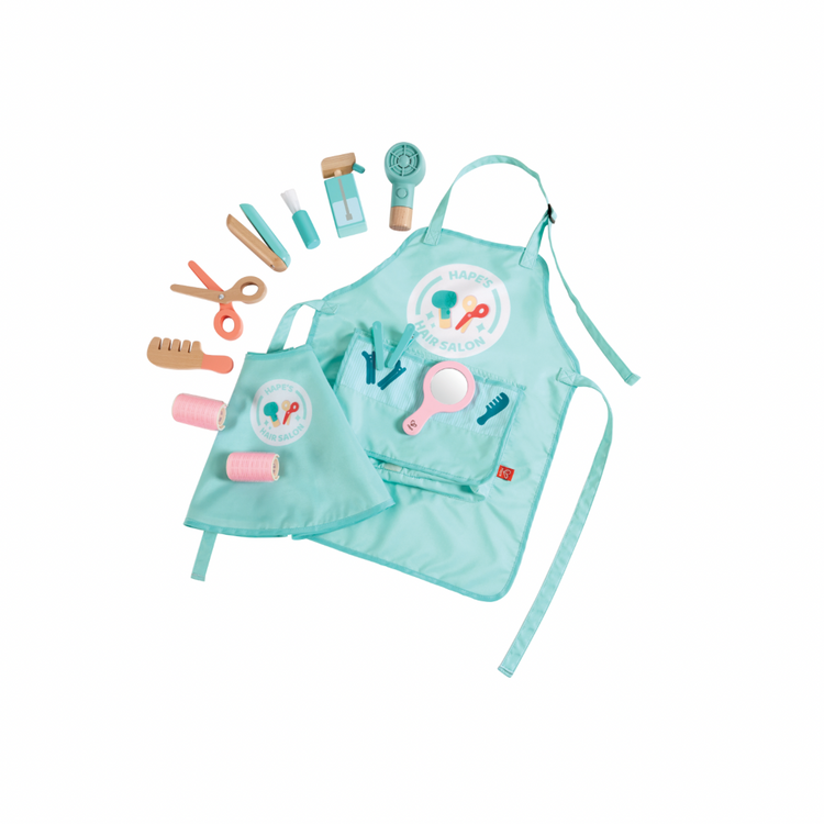 Hape Super Stylish Hair Salon Set CHEZA PLUS, Hape Hair Salon Set with wooden toy tools like a hairdryer, comb, and scissors displayed around a red and white salon bag — perfect for pretend play for kids in Kenya.