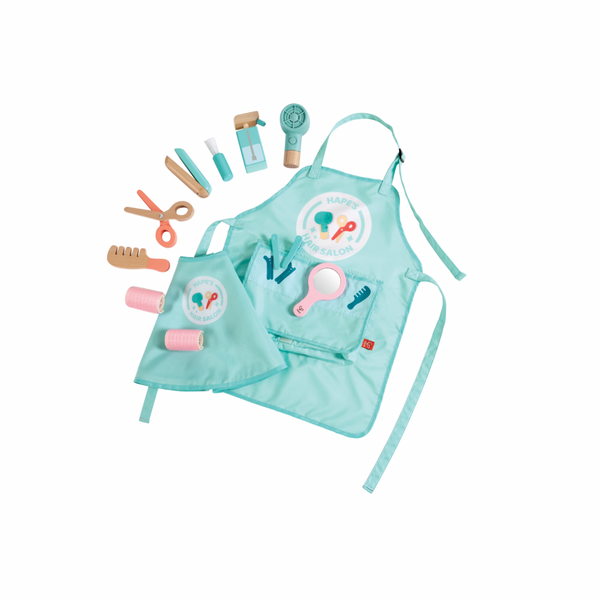 Hape Super Stylish Hair Salon Set CHEZA PLUS, Hape Hair Salon Set with wooden toy tools like a hairdryer, comb, and scissors displayed around a red and white salon bag — perfect for pretend play for kids in Kenya.