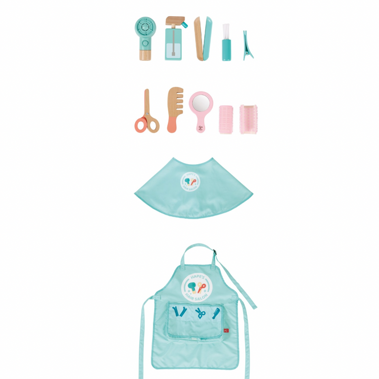 Hape Super Stylish Hair Salon Set CHEZA PLUS, Bird’s eye view of all toy salon tools in the Hape set, including comb, spray bottle, scissors, and mirror — child-safe and great for playtime in Kenya.