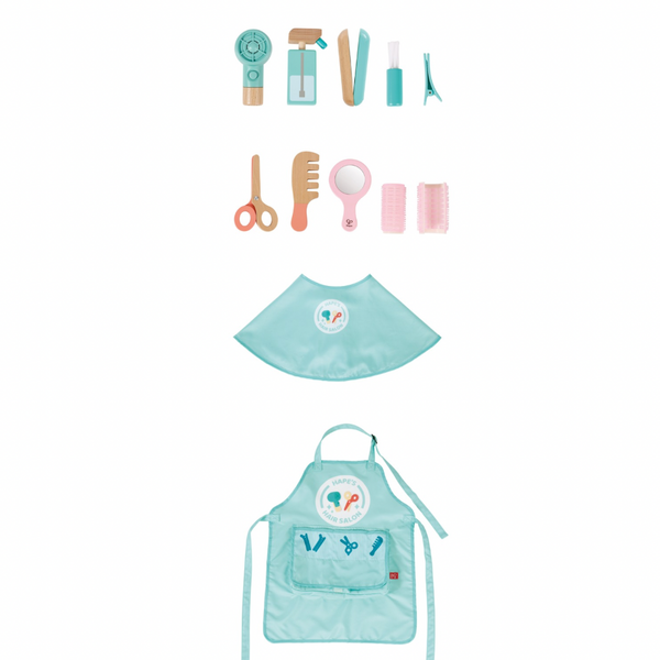 Hape Super Stylish Hair Salon Set CHEZA PLUS, Bird’s eye view of all toy salon tools in the Hape set, including comb, spray bottle, scissors, and mirror — child-safe and great for playtime in Kenya.