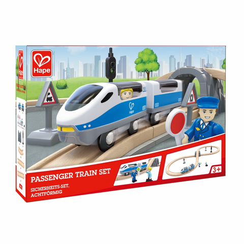 Passenger Train Set Hape, Hape Passenger Train Set E3729 packaging showing set contents and age recommendation