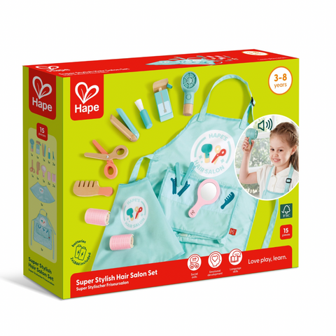Hape Super Stylish Hair Salon Set CHEZA PLUS, Front of the Hape Hair Salon Set box showing the full set — ideal for gifting kids aged 3+ in Kenya who love role play.