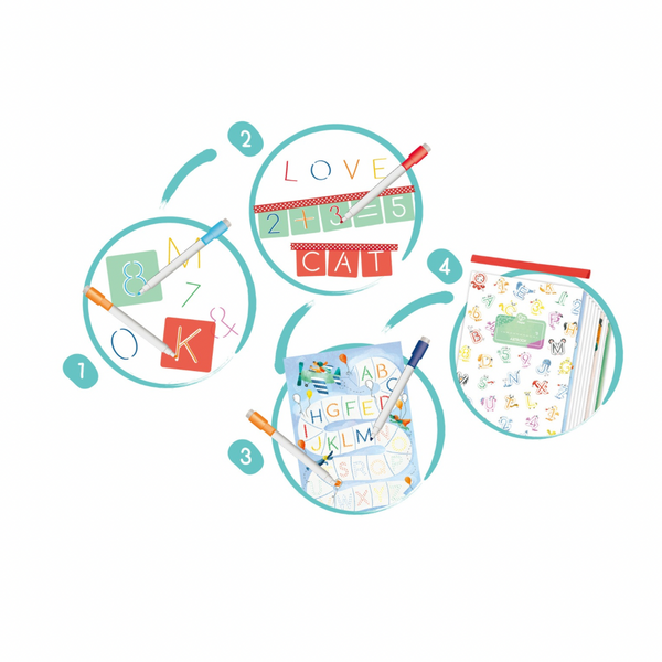 Child using stencils and markers from the Hape tracing set – Writing and Counting Practice for Kids in Kenya