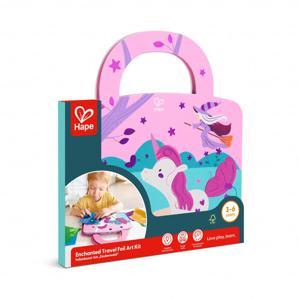 Hape Enchanted Travel Foil Art Kit in box – portable creative play set for children aged 4 and up, available online and at The Hub Karen from Cheza Plus Kenya.