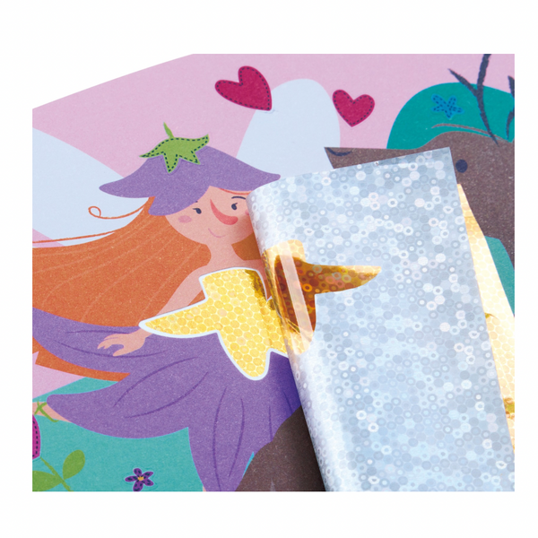 Close-up of Hape Enchanted Travel Foil Art Kit showing shiny foil sheets and illustrated templates, sold by Cheza Plus Nairobi.