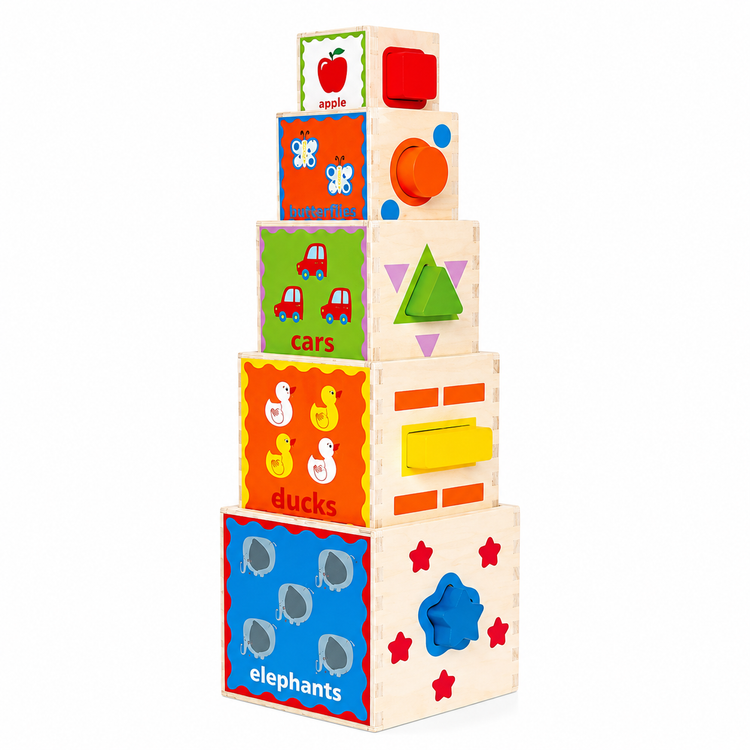 Hape Pyramid of Play wooden stacking blocks and shape sorter toy for toddlers