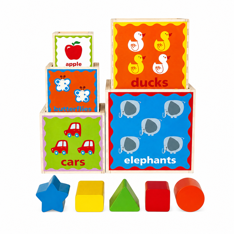 Colorful Hape Pyramid of Play nesting blocks with matching shape sorting pieces