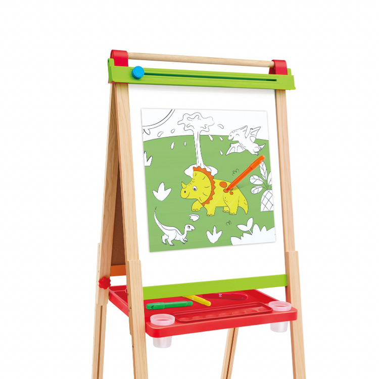 Children's art easel with drawing of a dinosaur on a white background, toy
Educational art toy supporting fine motor skills and creativity