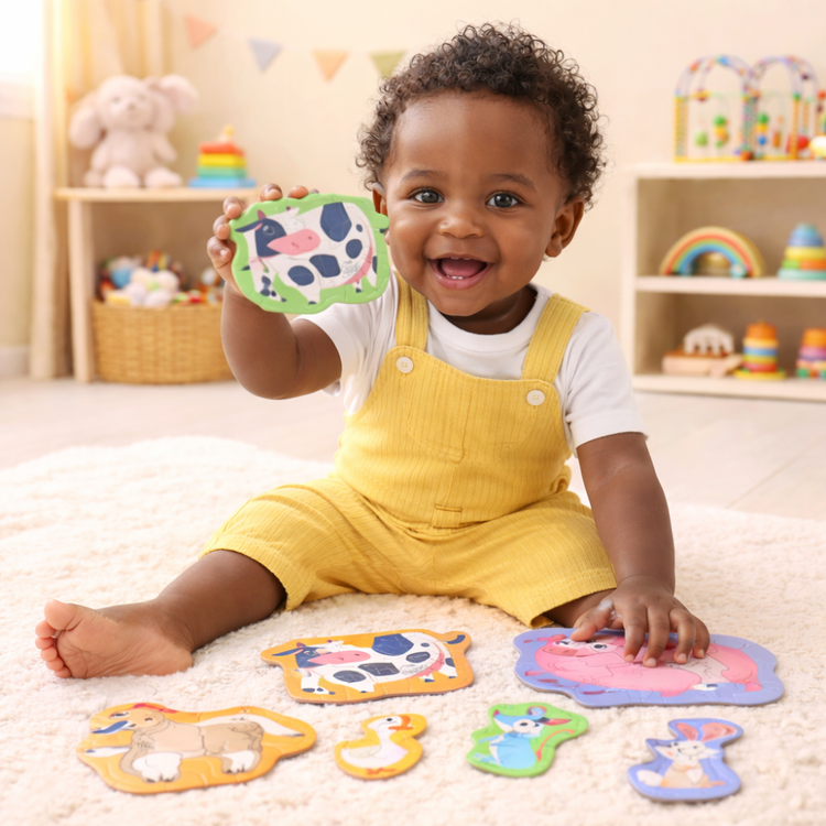 Children playing with farmyard puzzle learning toy 12 months plus