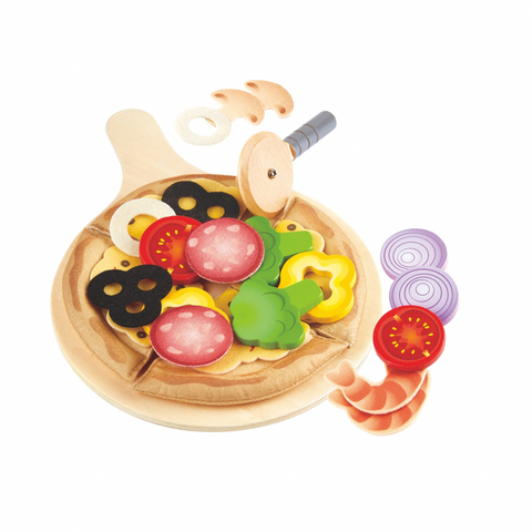 Wooden pizza play food set with toppings for kids pretend play