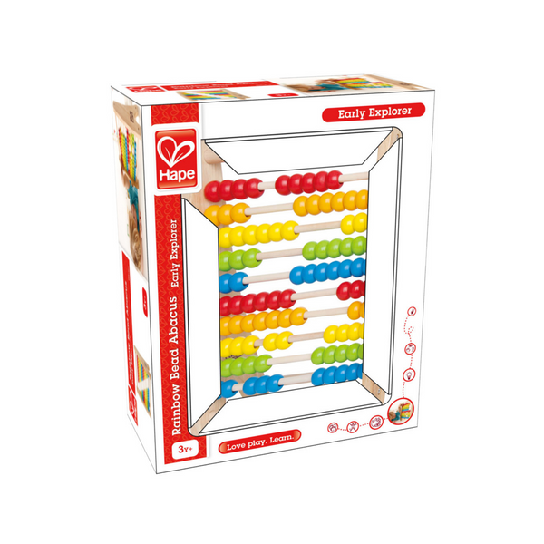 Close-up of coloured beads on Hape abacus – early math toy Keny