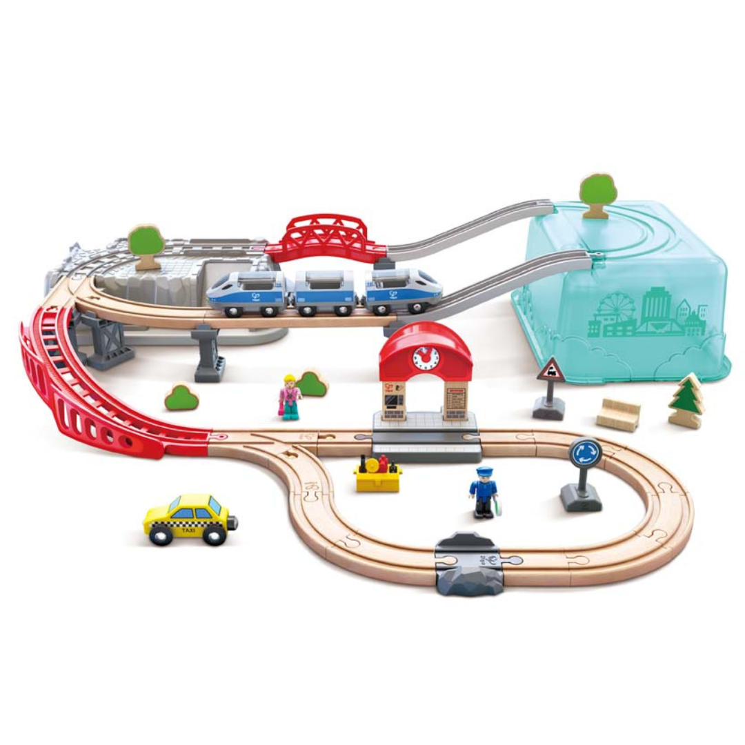 toys toy for 3 years and older old boys boy girl girls kid kids children child gift wood wooden train set tracks railway trains sets toddlers table track city rail build passenger pretend fun educational learning developmental family figurines vehicles adjustable moveable hape cars magnet hape cheza plus