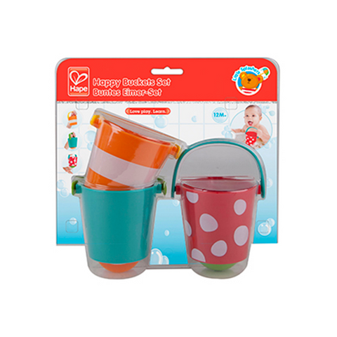 A colorful set of happy buckets, each painted with vibrant, smiling faces, and filled with an assortment of playful toys and accessories. These buckets are designed to bring joy and entertainment to children while promoting learning and creativity., Cheza Plus