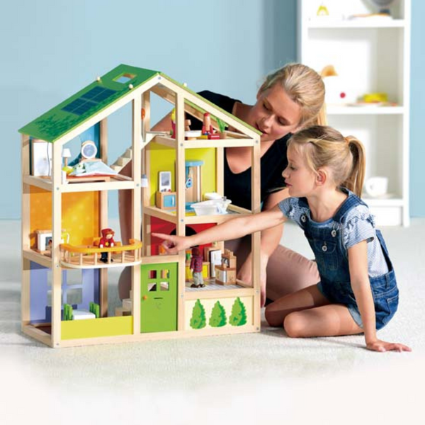 dolls house; wood dollhouse; wooden dollhouse kit; wooden dollhouse furniture set; kids wooden dolls house hape toys cheza plus