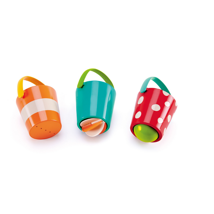 A colorful set of happy buckets, each painted with vibrant, smiling faces, and filled with an assortment of playful toys and accessories. These buckets are designed to bring joy and entertainment to children while promoting learning and creativity., Cheza Plus