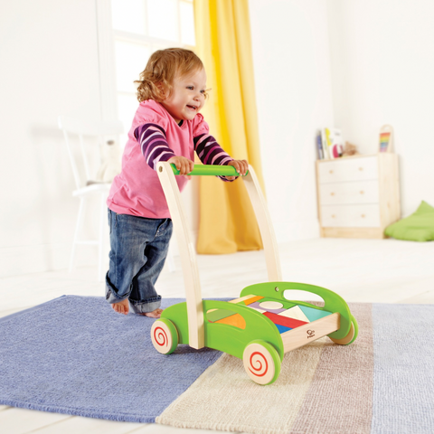 Hape Block and Roll Hape, Hape Block and Roll Cart – Wooden Baby Walker with Colourful Blocks in Kenya, Close-up of Hape E0371 wooden baby walker with 20 colourful blocks