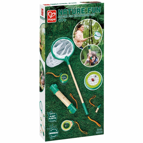 Hape 4 in 1 Nature Exploaration Set CHEZA PLUS, Close-up of the exploration set laid out – showing the magnifying glass, compass, mirror, and whistl
