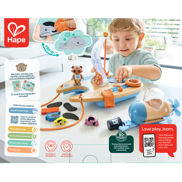 Ben's Eco Catamaran Hape, role play toy, sustainability, wooden toys kenya, ocean toy, toys for 3 years old kids toys kenya, pretend play toys Kenya, wooden pretend play, educational toys Kenya, Hape toys Kenya, German toys, Beleduc, Montessori toys, home schooling, Hape online toys, best online toys Kenya, safe toys for kids 
