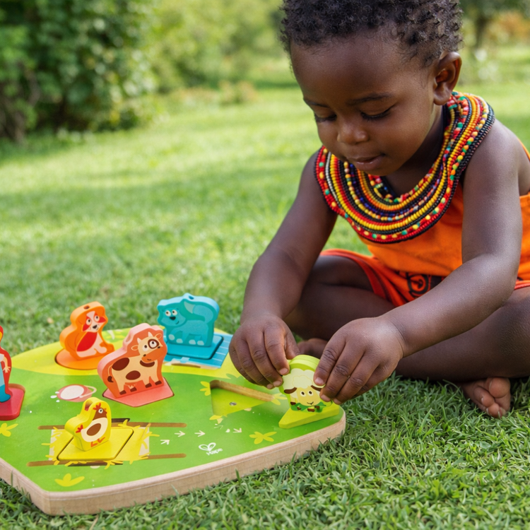 Child playing with a colorful wooden puzzle on grass