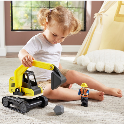 Hape Dig ’N Dump Excavator toy with worker – Cheza Plus Kenya