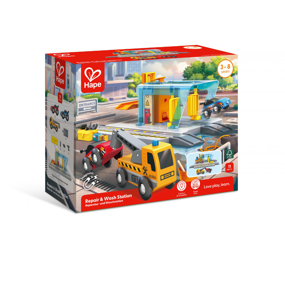 Hape Repair & Wash Station – 11-Piece Vehicle Play Set CHEZA PLUS