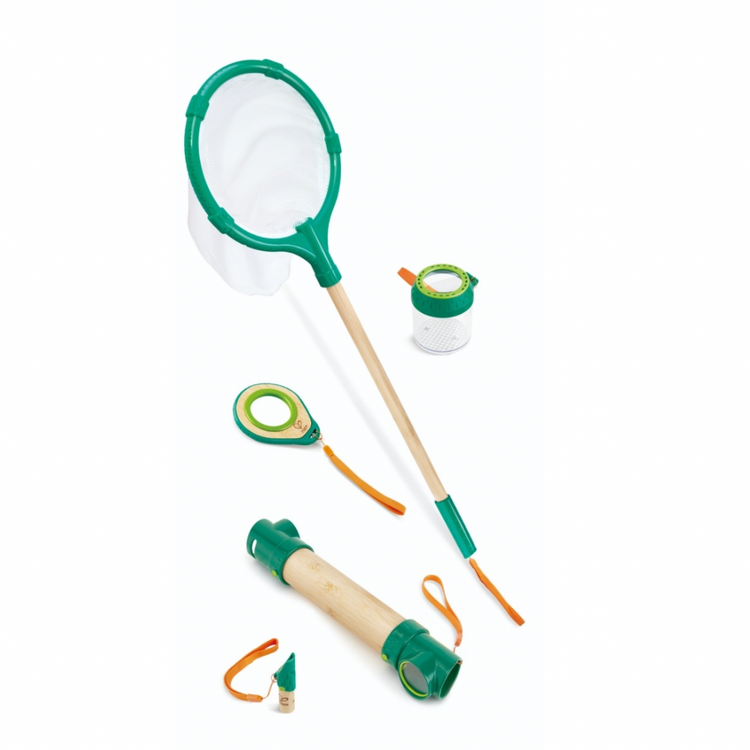 Hape 4 in 1 Nature Exploaration Set CHEZA PLUS, Close-up of the exploration set laid out – showing the magnifying glass, compass, mirror, and whistl
