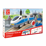Passenger Train Set Hape, Hape Passenger Train Set E3729 packaging showing set contents and age recommendation