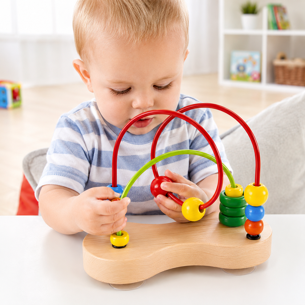 Baby developing fine motor skills while playing with the Hape Double Bubble Wooden Bead Maze educational toy.