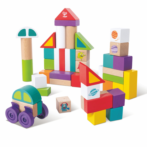 Hape space monster blocks stacked in a playful tower with vibrant colors Kenya 