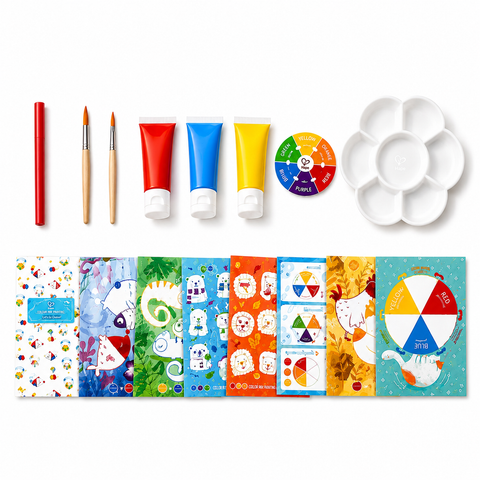 Hape Colour Mix Painting Set with the product box, activity booklets, red, blue and yellow paint tubes, paintbrushes, paint palette and colour wheel displayed on a warm, sunlit background. Educational art kit for children aged 4+.