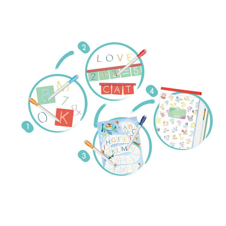 Child using stencils and markers from the Hape tracing set – Writing and Counting Practice for Kids in Kenya