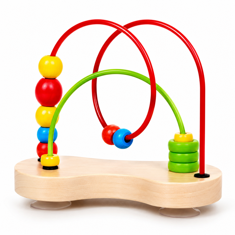 Hape Double Bubble wooden bead maze with colourful beads and sturdy suction cups on a white background.