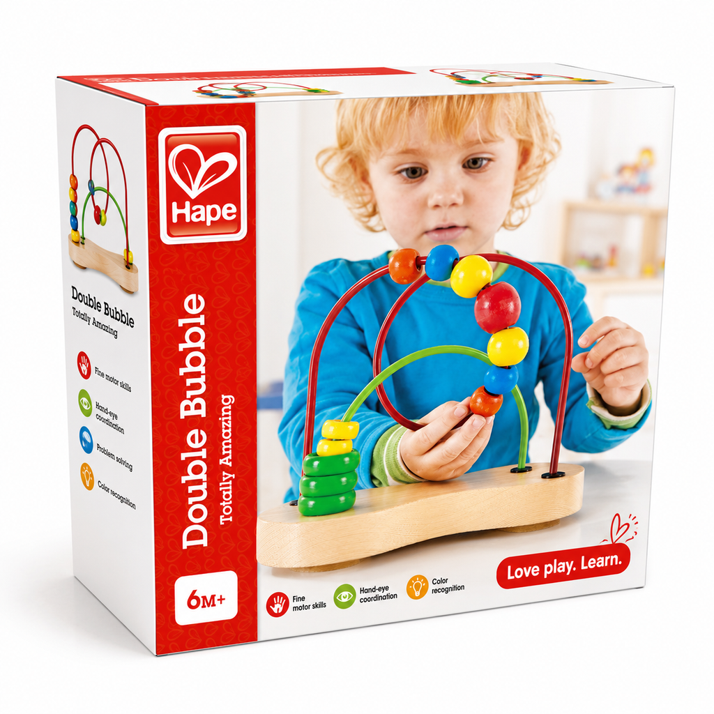 Front view of the Hape Double Bubble Wooden Bead Maze toy packaging showing the educational toy for babies aged 6 months and above available at cheza plus Nairobi 