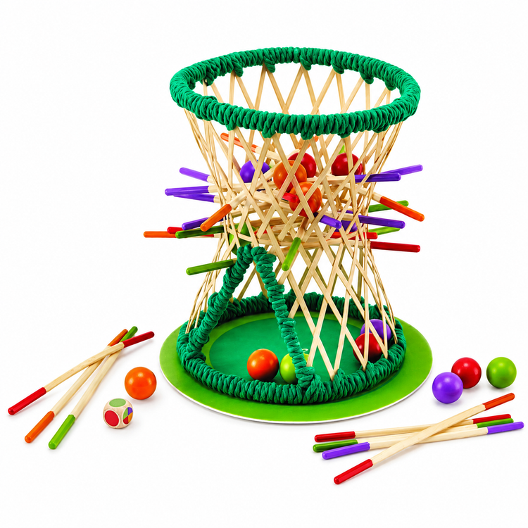 Hape Pallina Original E5522 bamboo strategy game for kids with colourful wooden balls, bamboo sticks and game frame on a white background.