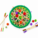 Top view of the Hape Pallina Original E5522 showing colourful wooden balls, bamboo sticks and woven bamboo game frame.