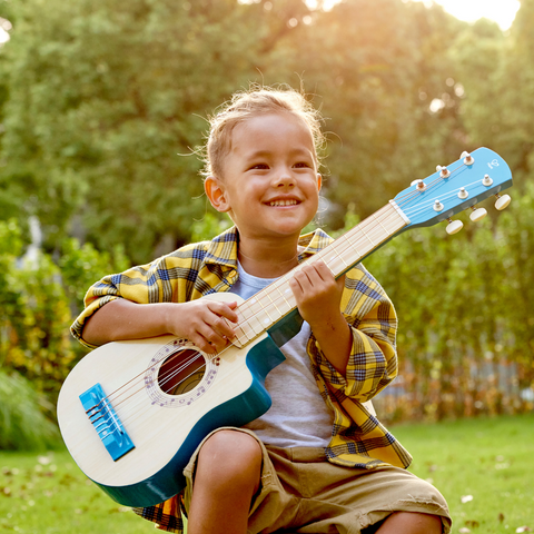 Hape Blue Lagoon Guitar – wooden children’s guitar with bright blue design, available at Cheza Plus Kenya.