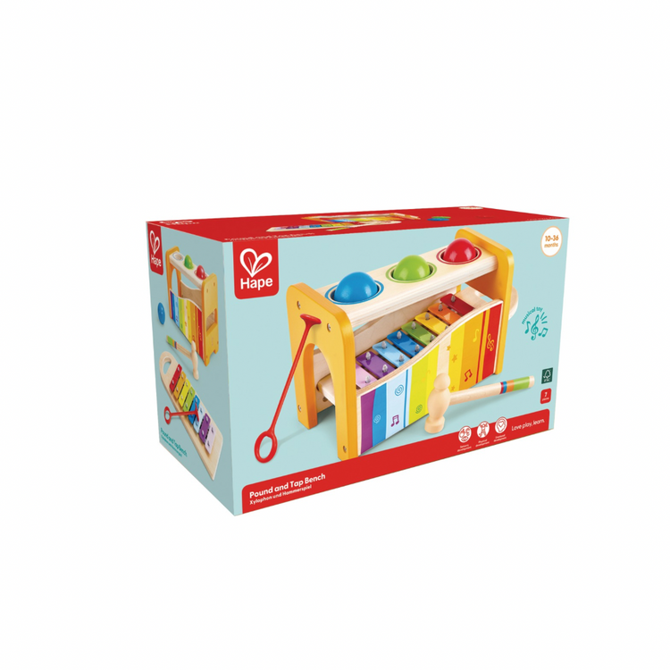 Hape Pound and Tap Bench in box – safe, non-toxic wooden xylophone toy for babies and toddlers, available online and at The Hub Karen from Cheza Plus.