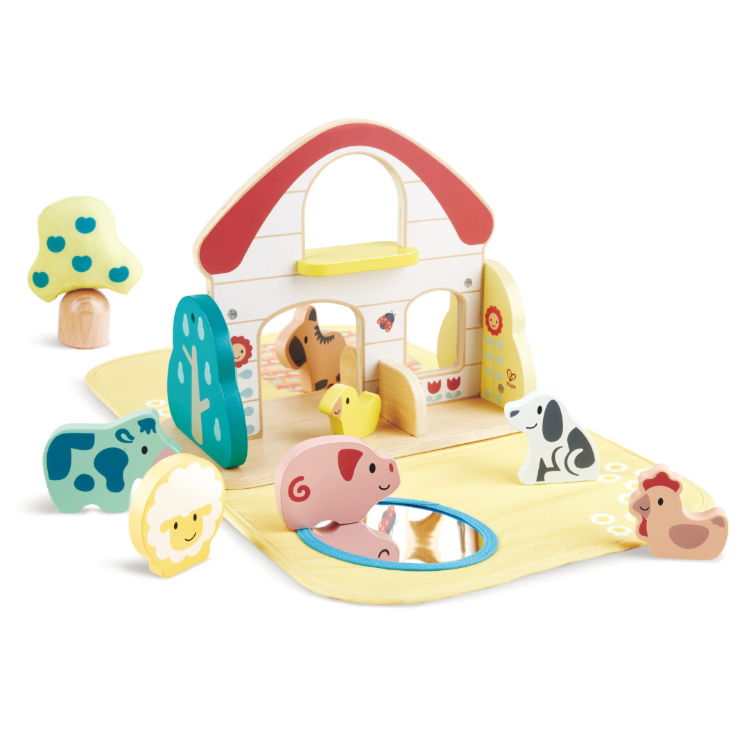 Hape wooden farm house toy set with barn, animals, and accessories – kids educational toy in Kenya.