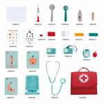 Close-up of Hape doctor tools: stetoscope, X-ray, bloodpresure cuff - Kenya