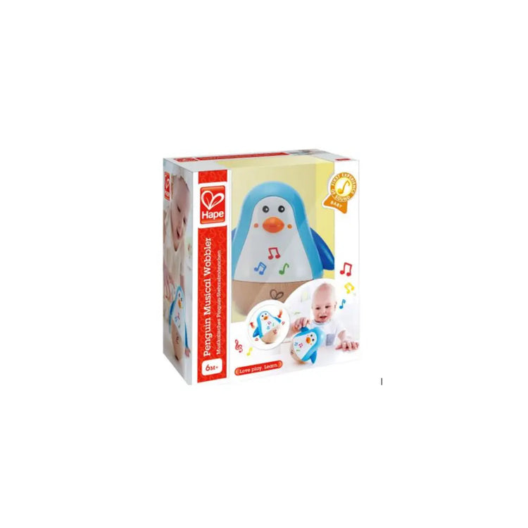 Hape Penguin Musical Wobbler in box – premium wooden baby music toy from Cheza Plus Kenya, perfect gift for infants and toddlers.