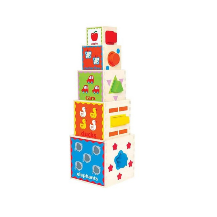 Hape Pyramid of Play wooden stacking blocks and shape sorter toy for toddlers
