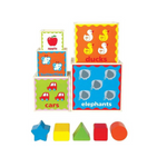 Colorful Hape Pyramid of Play nesting blocks with matching shape sorting pieces