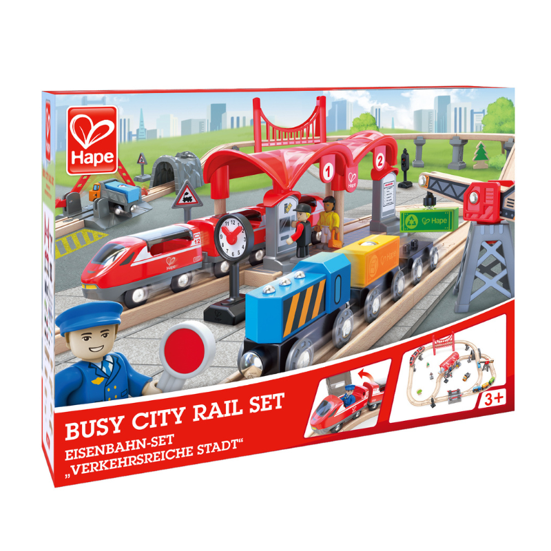 Wooden train set with city accessories for kids play
