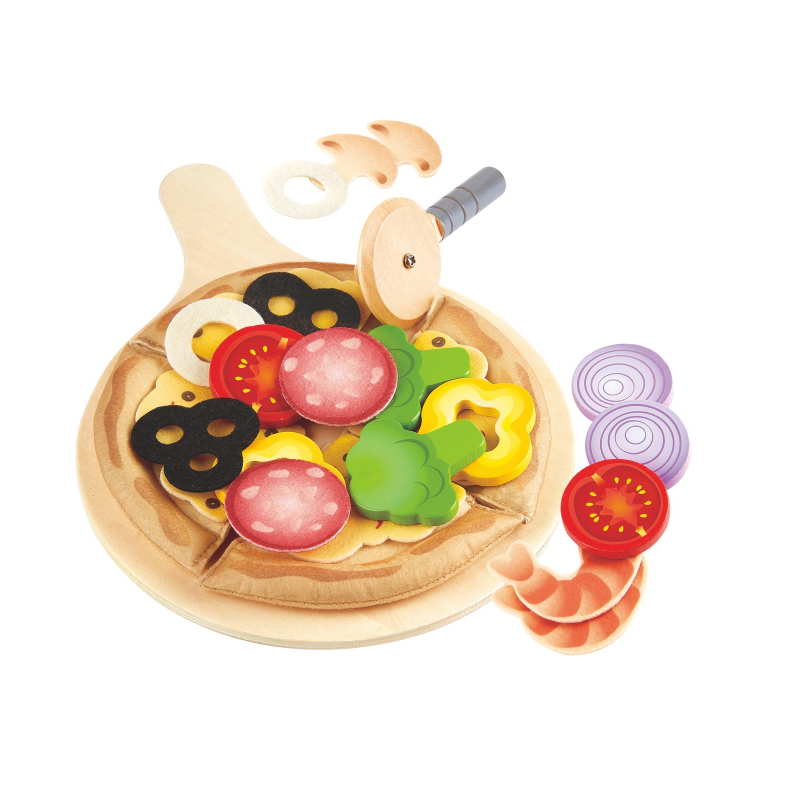 Wooden pizza play food set with toppings for kids pretend play