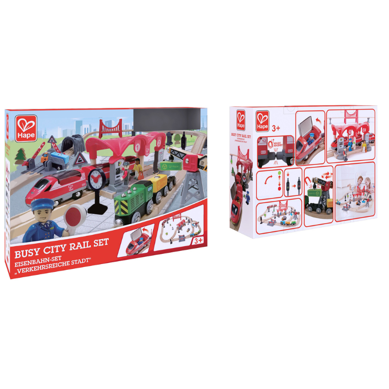 Kids train track layout with Hape city rail set