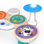 Close-up of electronic kids drum set with animal rhythm pads and light-up cymbal